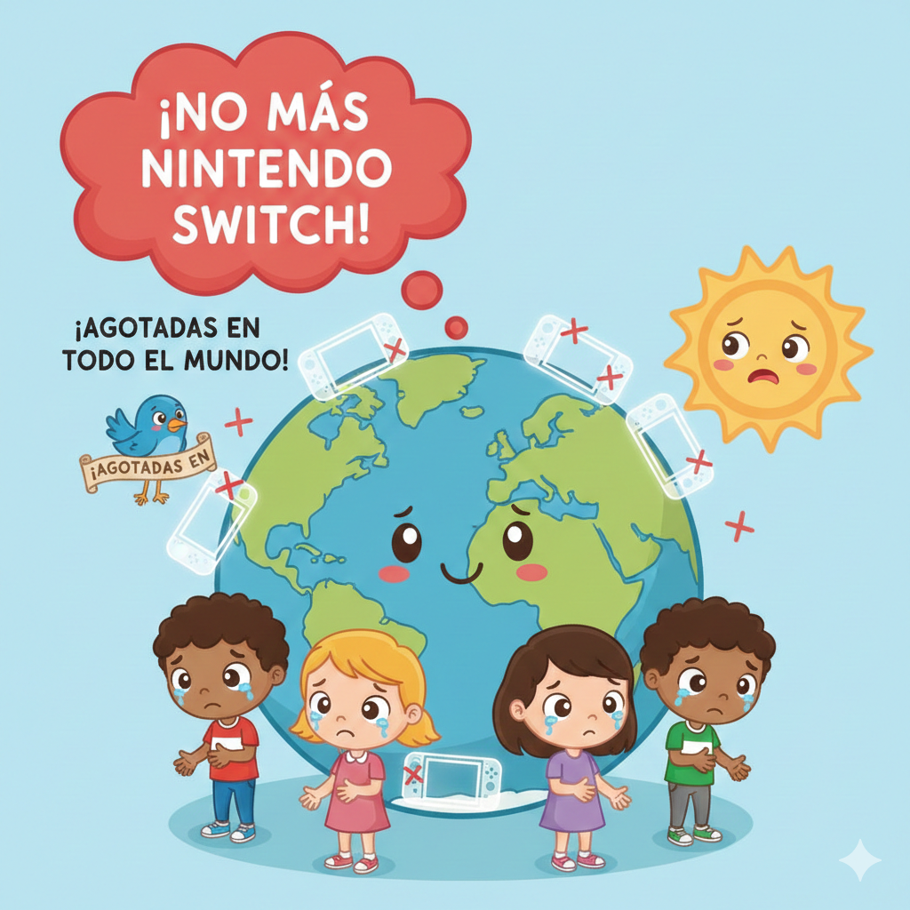 Dibujo de niños tristes porque no hay Nintendo Switch en el mundo